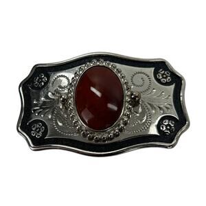 Vintage Western Belt Buckle with Brown Polished Stone 2.5" x 1.75"